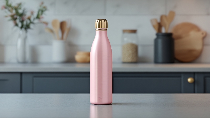A pink designer water bottle with a gold cap is placed on a kitchen counter